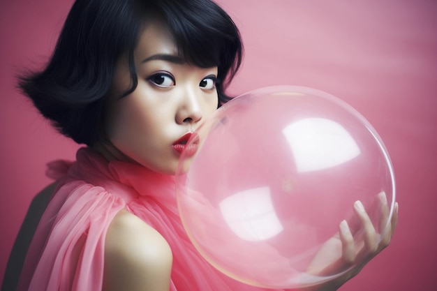 Una mujer con un vestido rosa sostiene un gran globo rosa en la boca.