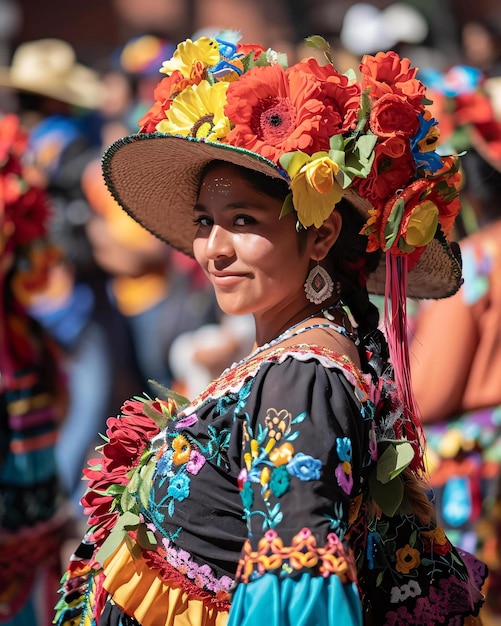 Foto una mujer con un vestido y sombrero colorido