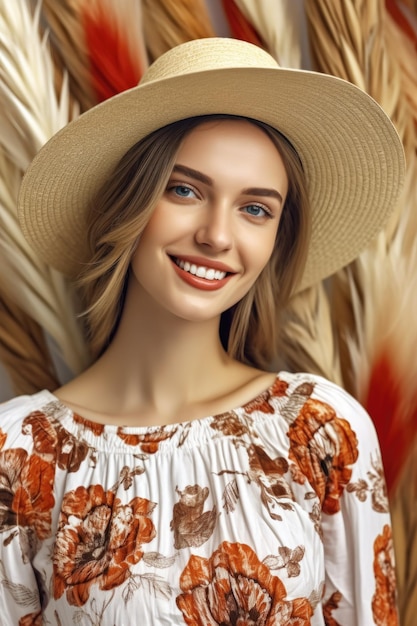 Una mujer con vestido y sombrero sonríe.