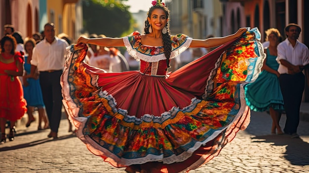una mujer con un vestido tradicional baila en la calle.
