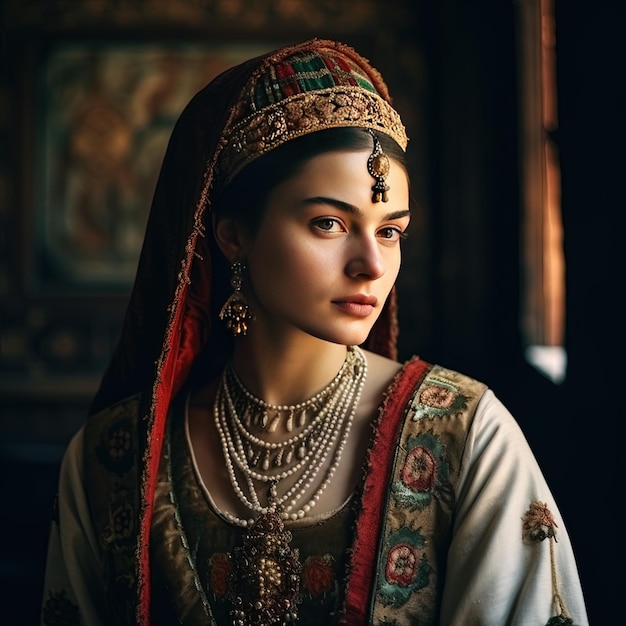 una mujer en un vestido tradicional con una borla en el cuello y una borla de oro