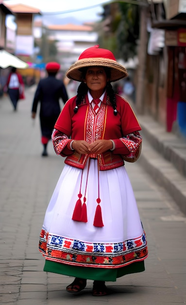 Una mujer con un vestido tradicional se para en una calle.