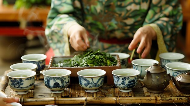 Foto una mujer con un vestido tradicional chino está preparando té