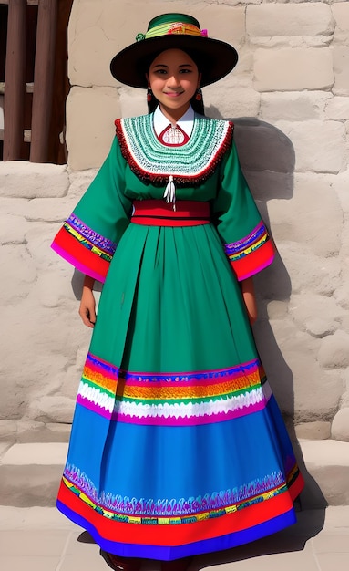 Una mujer con un vestido tradicional se para frente a una pared.