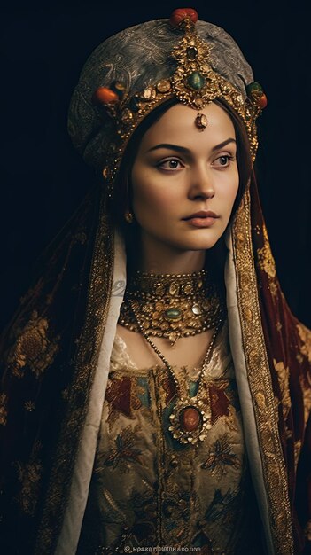 una mujer en un vestido tradicional con joyas de oro