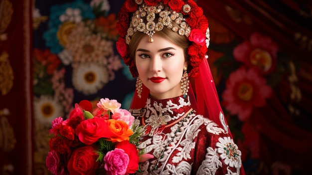 una mujer con un vestido tradicional con un ramo de flores.