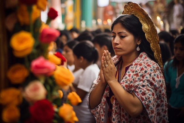 Una mujer con un vestido tradicional reza frente a un ramo de flores.