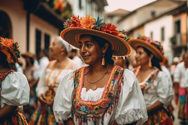 Una mujer con un vestido tradicional con un sombrero que dice quetzal Festivales colombianos