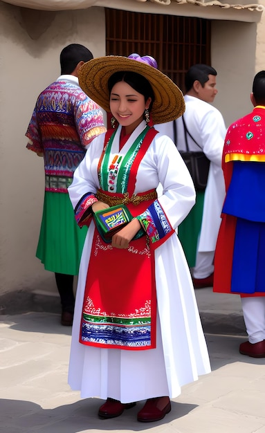 Una mujer con un vestido tradicional y un sombrero.