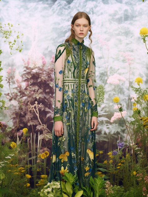 Foto una mujer con un vestido verde y azul con flores