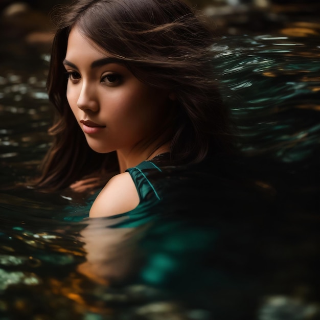 Una mujer con un vestido verde está nadando en el agua.