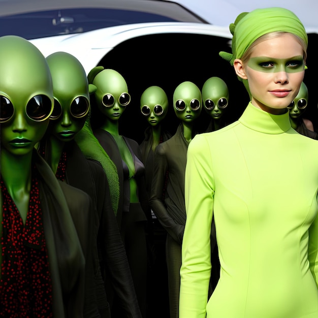 Foto una mujer con un vestido verde está de pie frente a un grupo de estatuas alienígenas alienígenas
