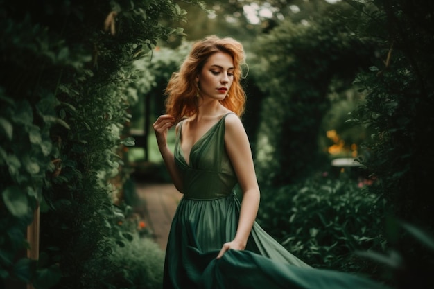 Una mujer con un vestido verde de pie en un jardín Imagen generativa de IA