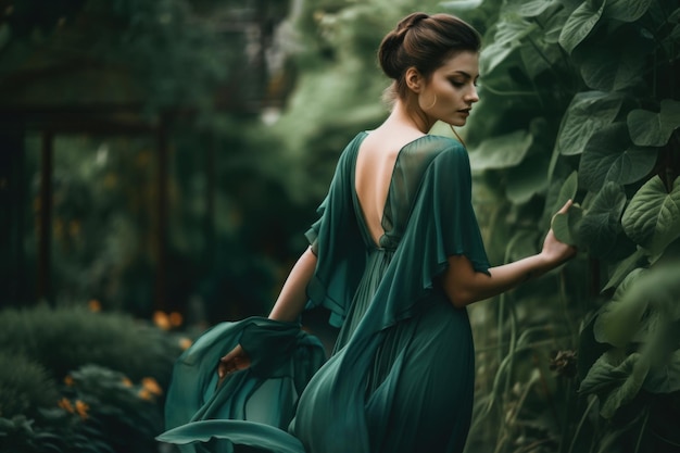 Una mujer con un vestido verde de pie en un jardín Imagen generativa de IA
