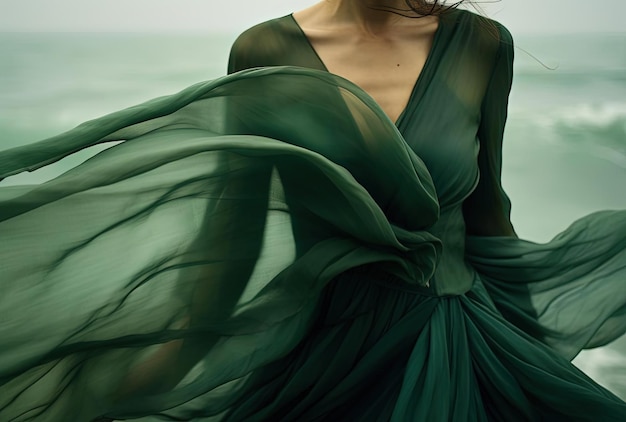 Foto mujer en vestido verde de pie con las manos sobre el frente al mar