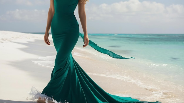 Mujer con vestido verde en la playa