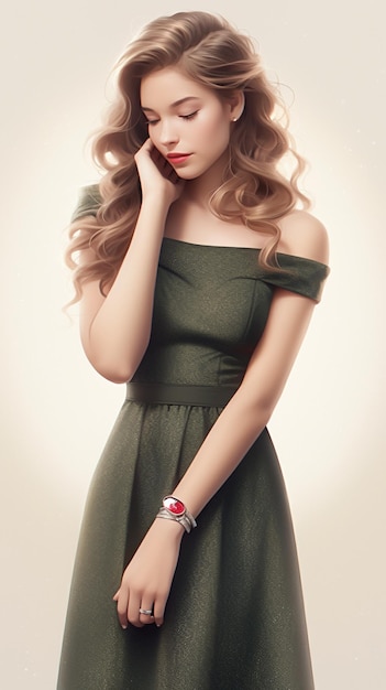 Una mujer con un vestido verde con un reloj rojo en su mano izquierda.