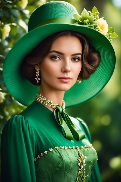 Una mujer con un vestido verde y un sombrero posa para una foto