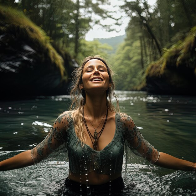 Foto una mujer con un vestido verde está sonriendo en el agua