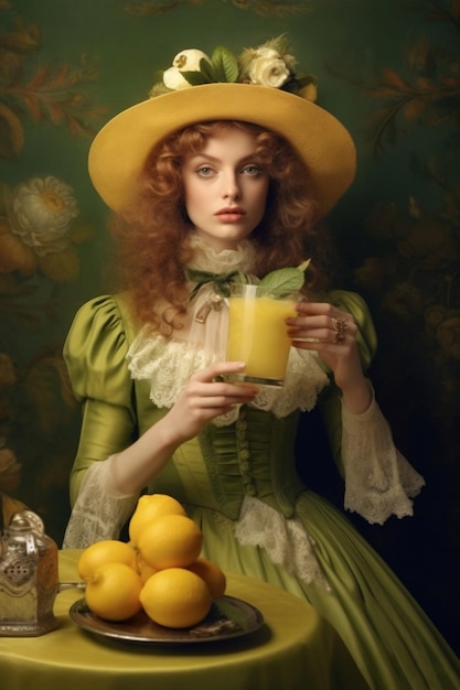 Una mujer con un vestido verde sosteniendo un vaso de jugo de limón.