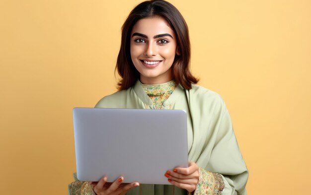 Una mujer con un vestido verde sostiene una computadora portátil y muestra una sonrisa.