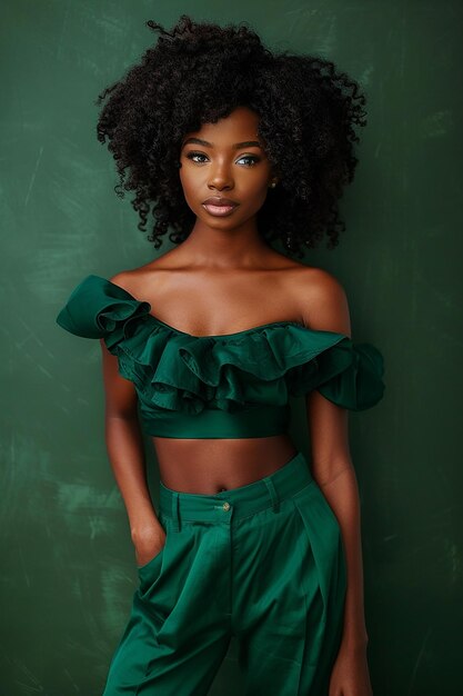 Foto una mujer con un vestido verde y una tapa verde está posando para una foto