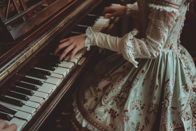 Una mujer con un vestido vintage del siglo XVIII está tocando el piano