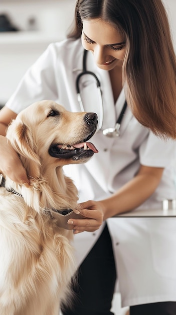 Una mujer veterinaria está acariciando a un golden retriever.