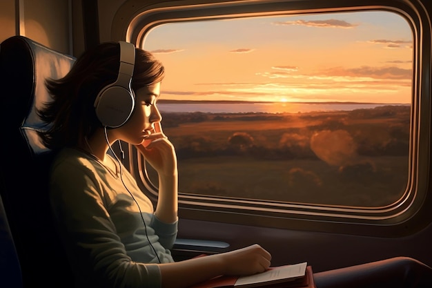 Una mujer viaja en un tren con amplias ventanas vistas AI