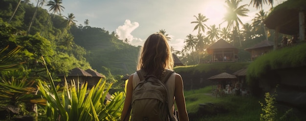 Mujer de viaje con mochila en Bali Indonesia Paisaje natural Generativo ai