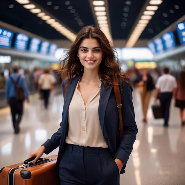 Mujer viajera en el aeropuerto sonriendo y confiada en su viaje