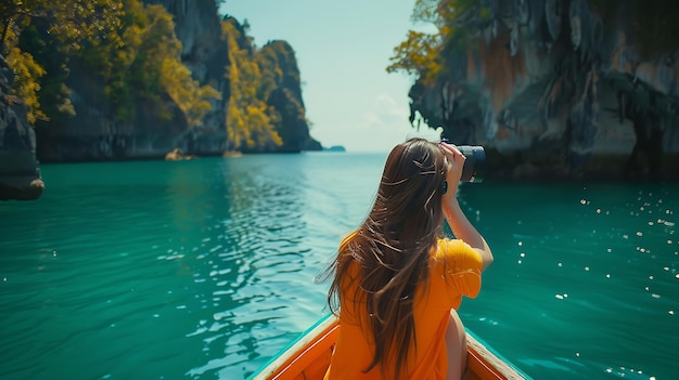 Foto mujer viajera en barco con cámara alegría naturaleza paisaje pintoresco isla de ko hong krabi ia generativa