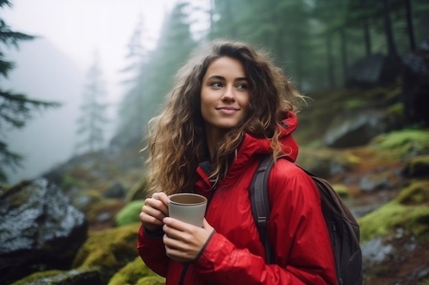 Mujer viajera bebiendo café en el bosque de abetos