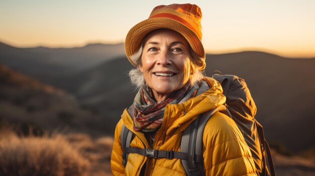 Mujer viajera caminando en la naturaleza al atardecer