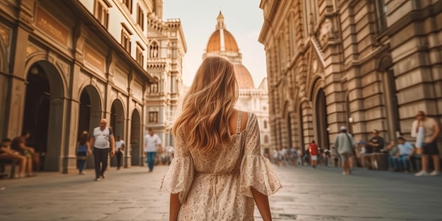 Mujer viajera deambula sola mujer verano vestido casual gira de verano caminando en Asia