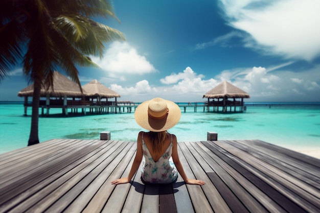 Foto mujer viajera feliz en vacaciones en la playa tropical