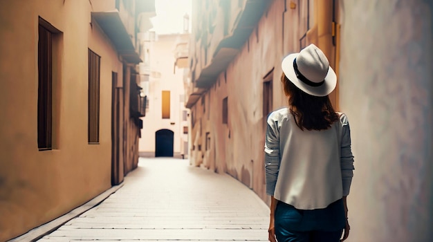 Mujer viajera joven sola en un callejón estrecho tratando de orientarse concepto de viaje vista trasera