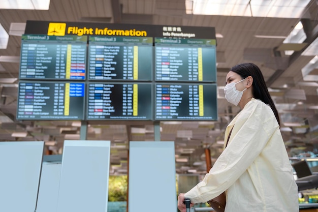 Una mujer viajera lleva una máscara protectora en el aeropuerto internacional