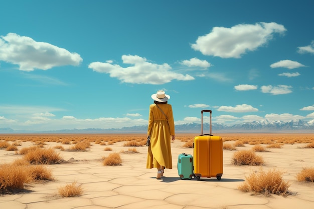 mujer viajera con maleta amarilla
