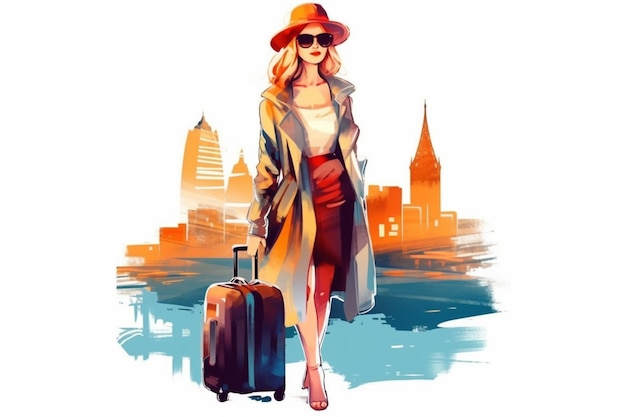 Mujer viajera con maleta Ilustración conceptual colorida Banner de fondo blanco IA generativa