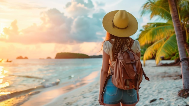 Mujer viajera con mochila y sombrero de paja disfrutando de la vista de un paraíso de playa tropical