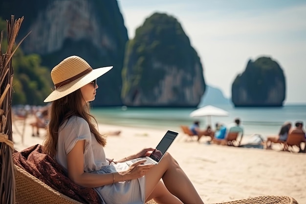 Mujer viajera relajándose en nidos de paja usando tableta en la playa de Railay Krabi Asia hombres de negocios de vacaciones en el complejo trabajando con un cuaderno de computadora Viajes turísticos Phuket Tailandia Viaje de vacaciones de verano