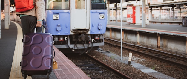 Mujer del viajero que lleva la maleta en el destino del transporte del tren.