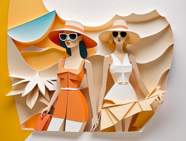 Mujer viajes vacaciones de verano inusual arte de papel de moda