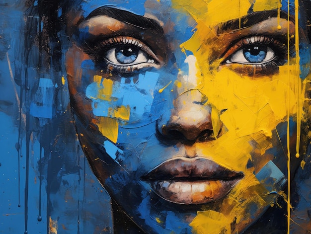 Mujer vibrante cubierta de pintura azul y amarilla Generado por IA