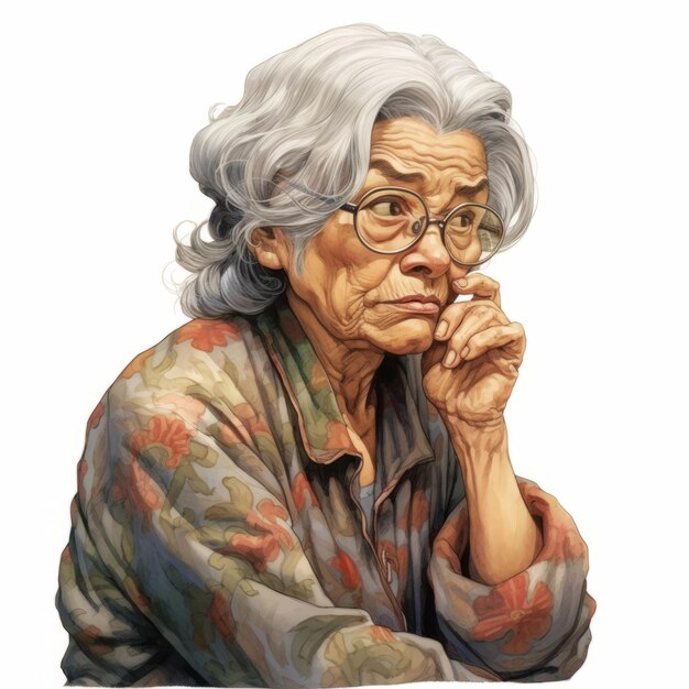 Mujer vieja asiática en pensamiento y dudas ilustración fotorrealista personaje femenino con cara soñadora en fondo abstracto Ai generó un cartel brillante realista