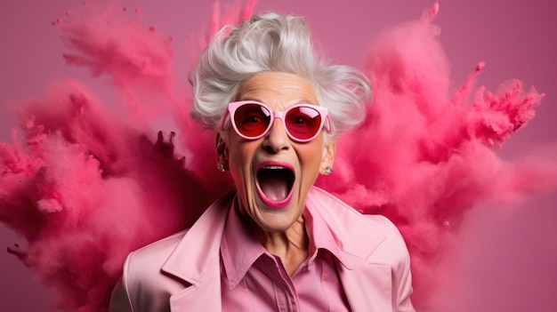 Mujer vieja feliz con cabello gris y sobre un fondo rosado con vapor rosado