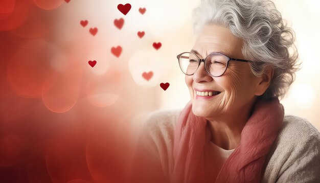 Mujer vieja feliz con corazones rojos en el fondo concepto del día de San Valentín