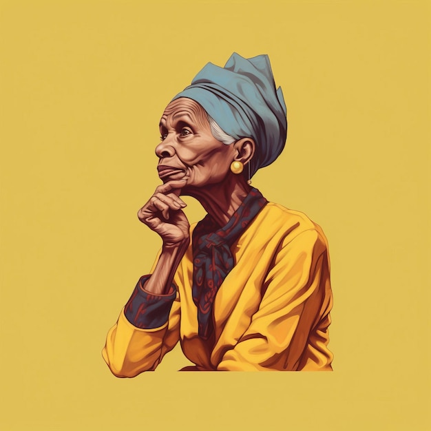 Mujer vieja negra en pensamiento y dudas Ilustración de arte pop Personaje femenino con rostro soñador en fondo abstracto Ai generó un póster retro brillante