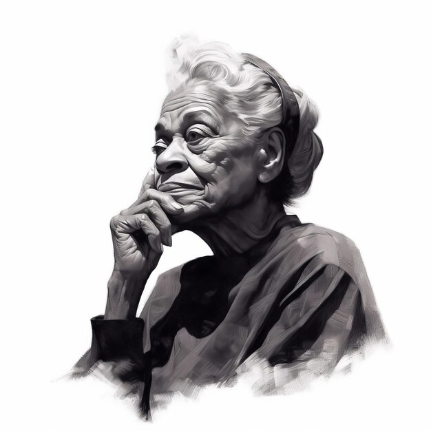 Mujer vieja negra en pensamiento y dudas ilustración fotorrealista Personaje femenino con rostro soñador en fondo abstracto Ai generó un póster realista en blanco y negro